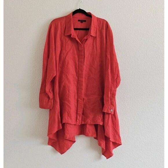 For Cynthia Plus Size 2X Top Orange Linen Shark Bite Hem Tunic Lagenlook - Picture 1 of 7